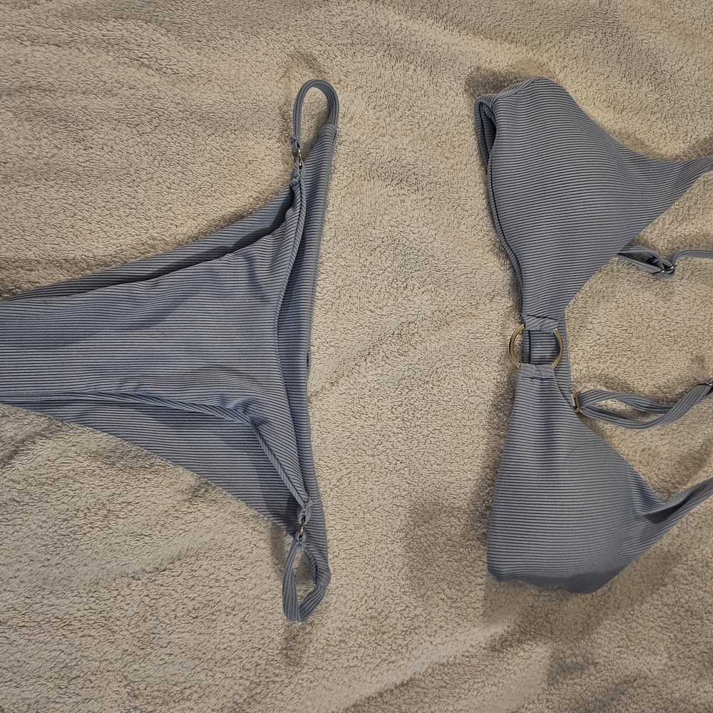 Women’s Grey Ribbed Bikini Set with Ring Detail